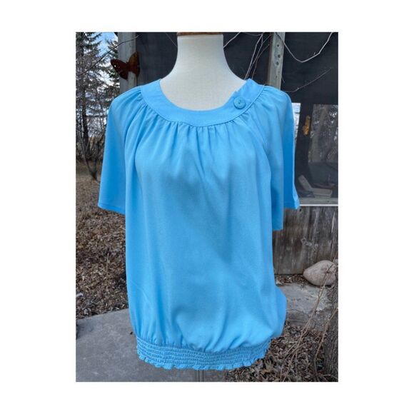 Retro Blair Blue Blouse Top Short Sleeve Raglan Sleeve Stretch Hem Sz M - Picture 1 of 7